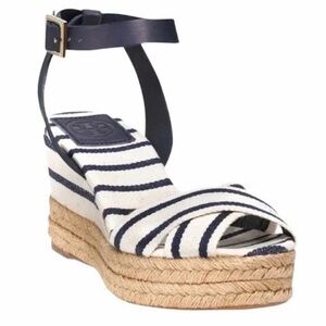 Tory Burch Navy & White Striped Karissa Espadrille Wedge Sandal